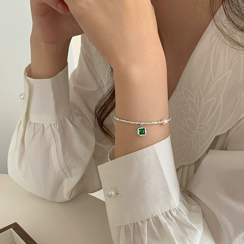 Handcrafted S925 Silver Necklace and Bracelet with Emerald Diamond and Pearl - Elegant Niche Design