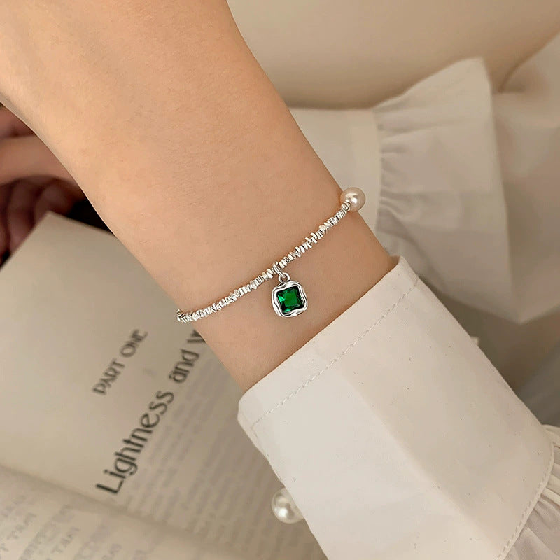 Handcrafted S925 Silver Necklace and Bracelet with Emerald Diamond and Pearl - Elegant Niche Design