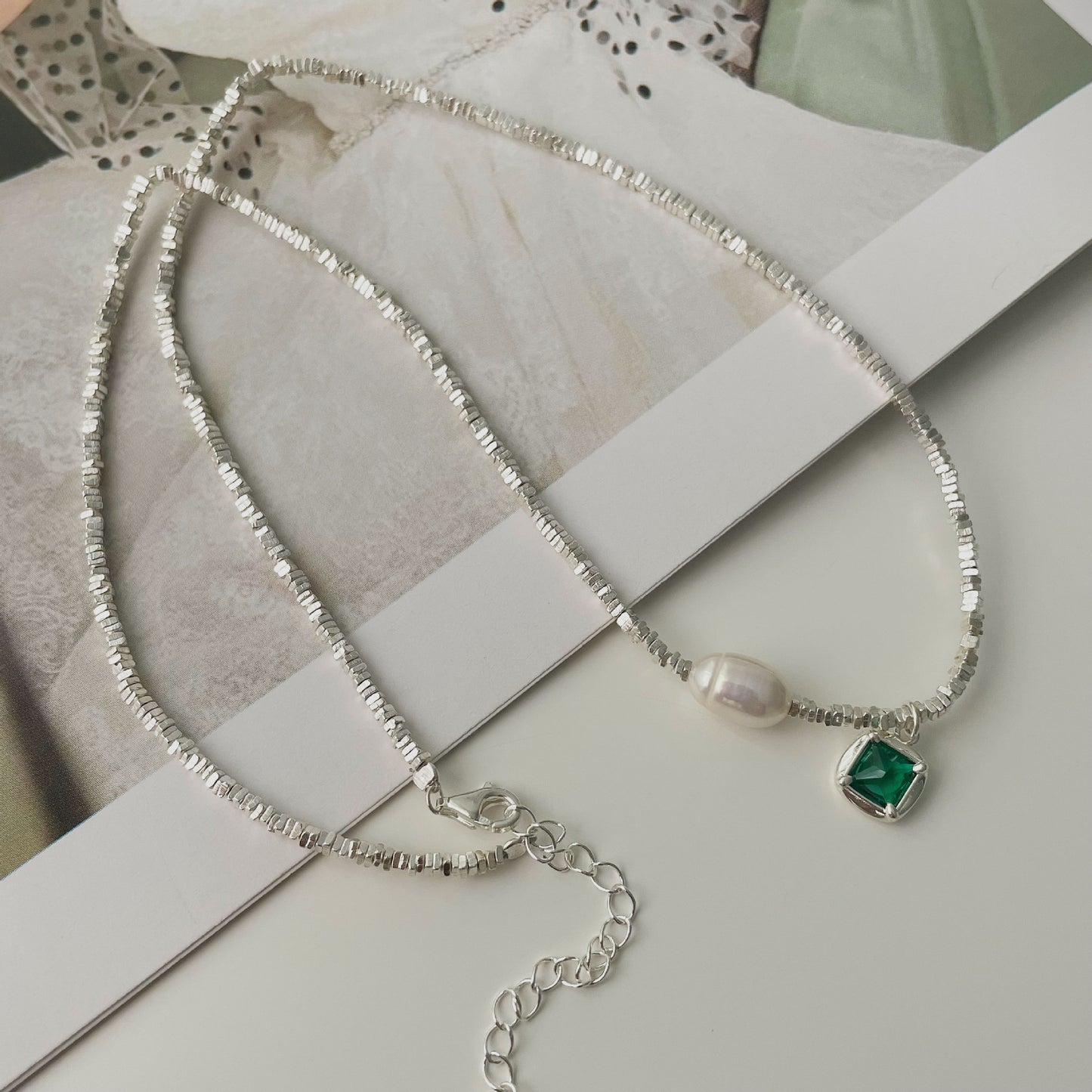 Handcrafted S925 Silver Necklace and Bracelet with Emerald Diamond and Pearl - Elegant Niche Design