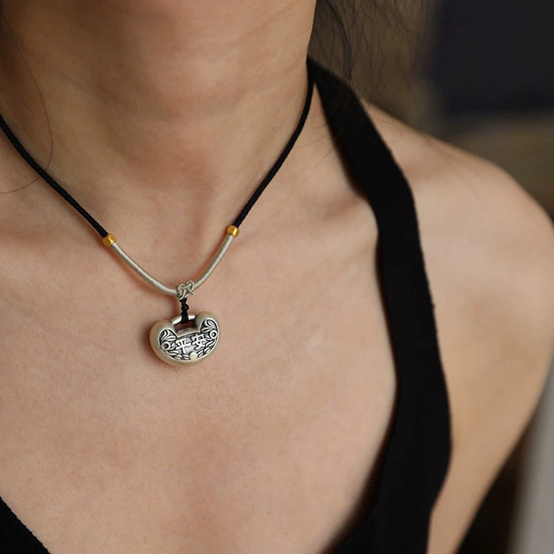 Antique Chinese Longevity Lock Necklace - 999 Pure Silver Feng Shui Blessing Pendant for Protection Gifts