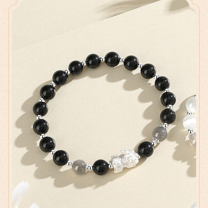 999 Silver Pi Yao Couple Bracelet - Black Obsidian Wealth Attracting Jewelry with Gray Moonstone Wealth & Eternal Love