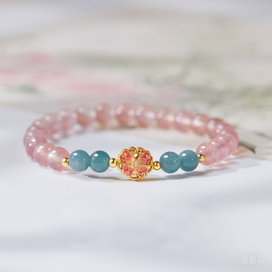 "Handmade Feng Shui Gemstone Bracelet - Artisan Blue Water Jade & Strawberry Crystal Beads with Sterling Silver Cloisonné Charms for Wealth & Love"