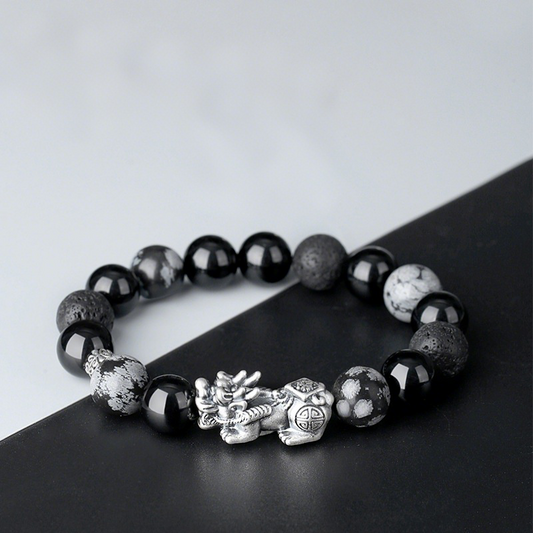 "Handmade FengShui PiXiu Obsidian Wealth Bracelet – Certified Sterling Silver Pi Xiu + Black Obsidian"Wealth & Protection Energy