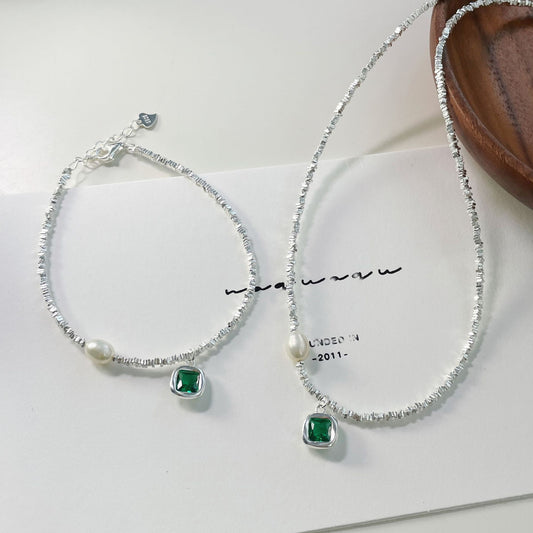 Handcrafted S925 Silver Necklace and Bracelet with Emerald Diamond and Pearl - Elegant Niche Design
