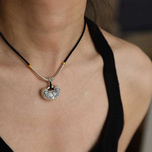 Antique Chinese Longevity Lock Necklace - 999 Pure Silver Feng Shui Blessing Pendant for Protection Gifts