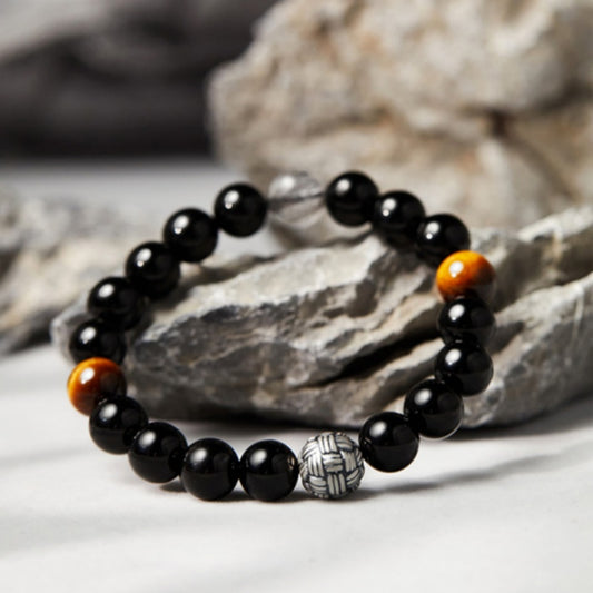 “999 Silver Black Obsidian Bracelet with Tiger Eye & Black Rutilated Quartz - Tri-Energy Men’s Protection Jewelry”