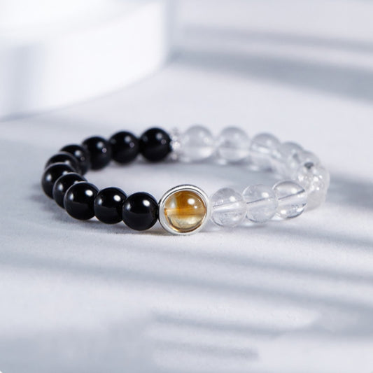 "S925 Sterling Silver Obsidian & Clear Crystal Bead Bracelet - EMF Protection & Positive Energy Chakra Jewelry"