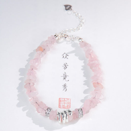 S925 Sterling Silver Coiled Snake Pink Crystal Chip Bracelet - Handmade for Love & Protection