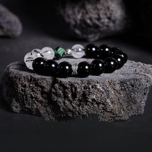 S925 Black Obsidian Bracelet with Black Rutilated Quartz - The Soul Cleansing Black Obsidian Bracelet