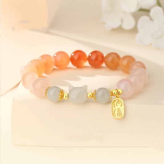 Crimson Agate & Hetian Jade Cat Bracelet - Elegant S925 Sterling Silver Jewelry for Women