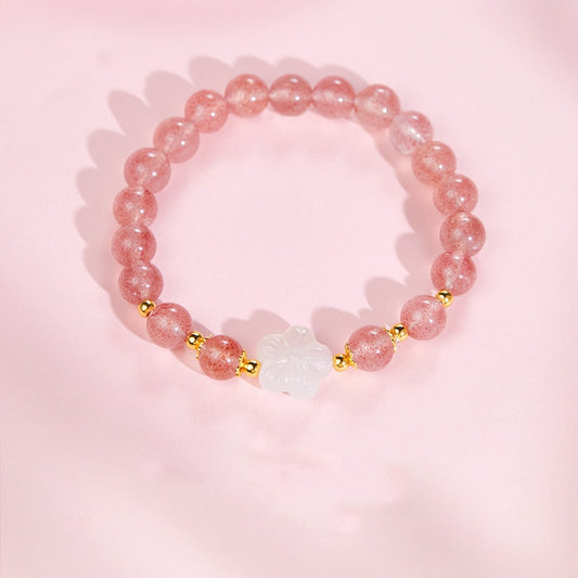 S925 Sterling Silver Strawberry Quartz & White Chalcedony Flower Bracelet – Handmade Healing Jewelry for Love & Balance