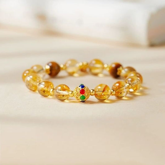 999 Pure Silver Hollow Ball Citrine Bracelet with Yellow Crystal & Tiger's Eye - Exquisite Design, Mystical Energy