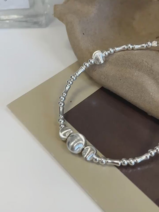 "Handmade S925 Sterling Silver Cat's Eye Bead Flower Ball Bracelet - Unique Artisan Jewelry"